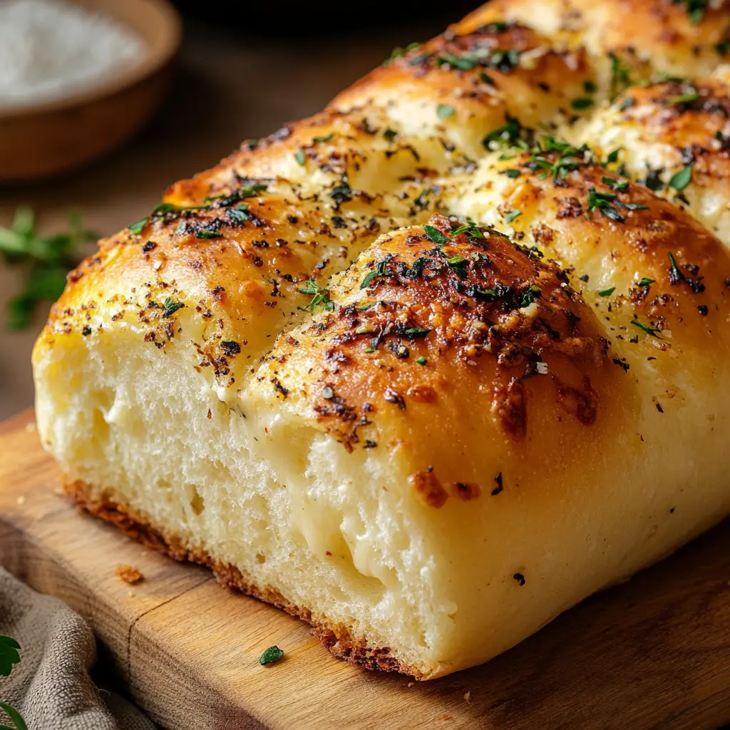 Close-up of freshly baked golden garlic bread made with Greek yogurt and flour. Greek Yogurt Flour Garlic Bread