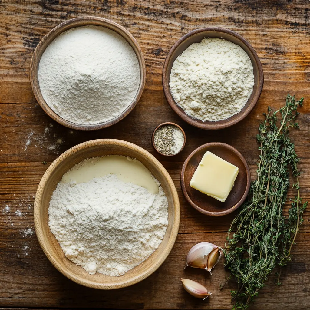 Greek Yogurt Garlic Bread – Ingredients Flat lay of simple ingredients for Greek yogurt garlic bread on a wooden table