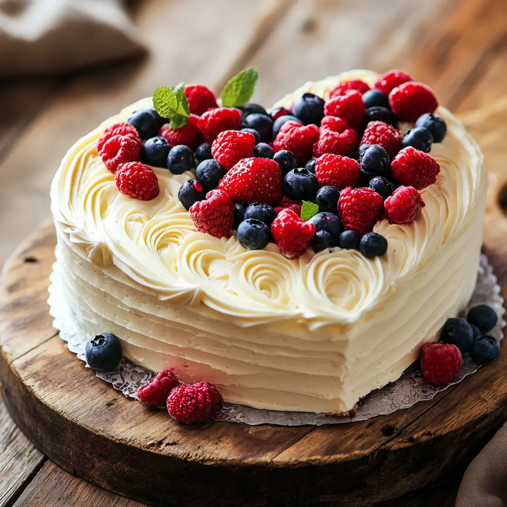 Close-up of a heart-shaped cake decorated with buttercream and berries.