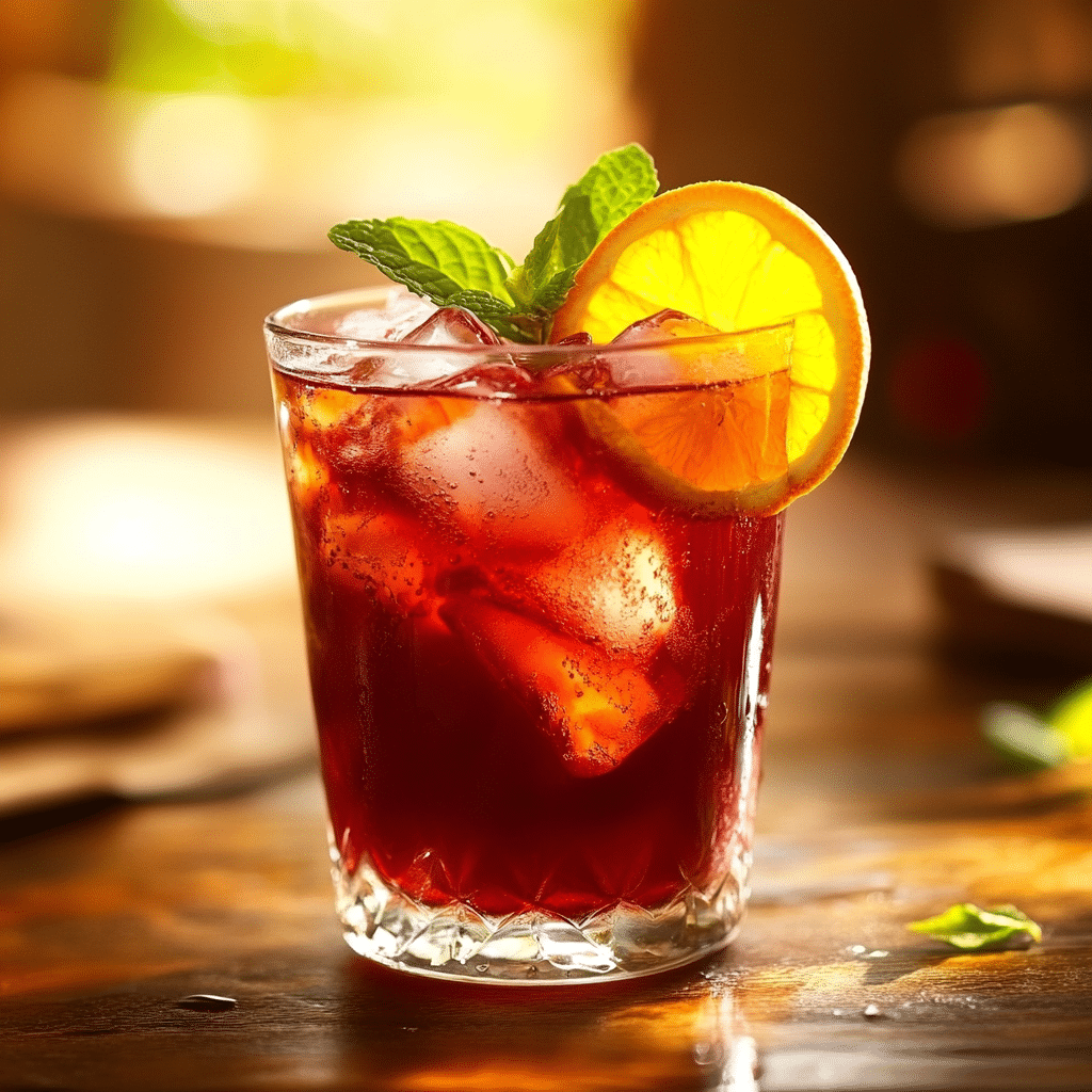 Hibiscus Iced Tea – Serving A vintage glass filled with chilled hibiscus iced tea, garnished with citrus