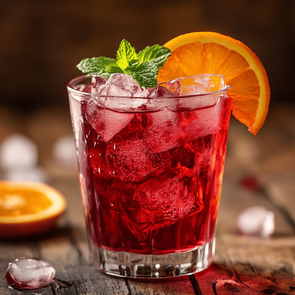 A glass of hibiscus iced tea with orange slice and mint on a rustic table