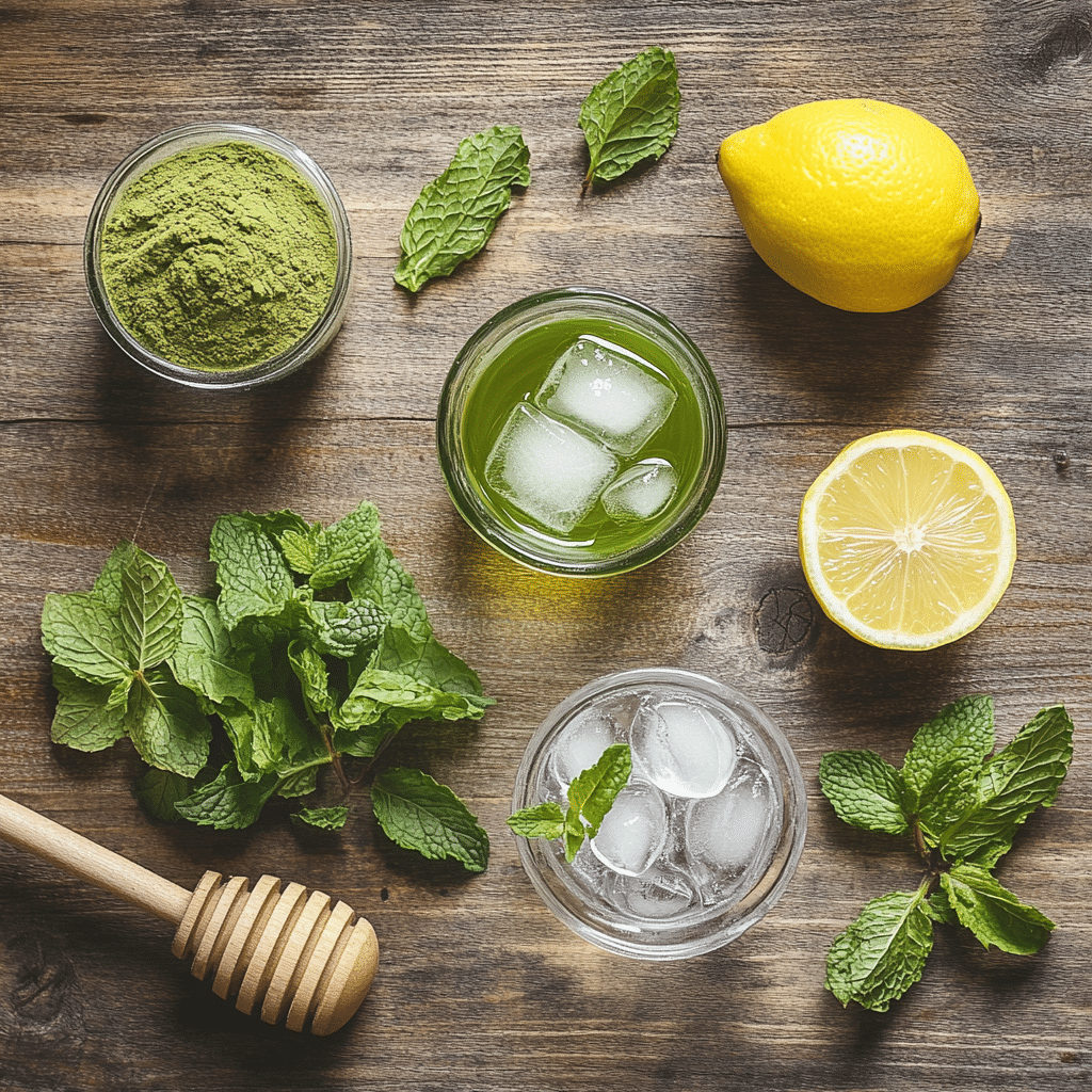 Flat lay of iced matcha lemonade ingredients on a wooden table