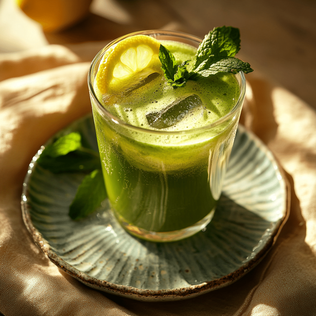 A glass of iced matcha lemonade served on a ceramic plate with lemon and mint
