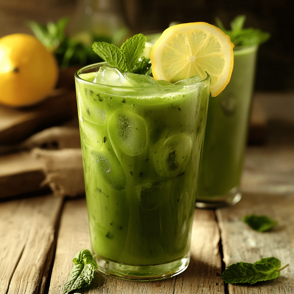 Close-up of a refreshing iced matcha lemonade in a clear glass with lemon and mint