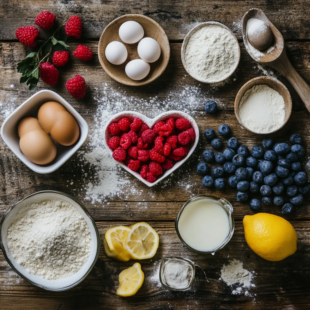 Ingredients for Heart Cake Flat lay of fresh ingredients for making a Heart Cake.
