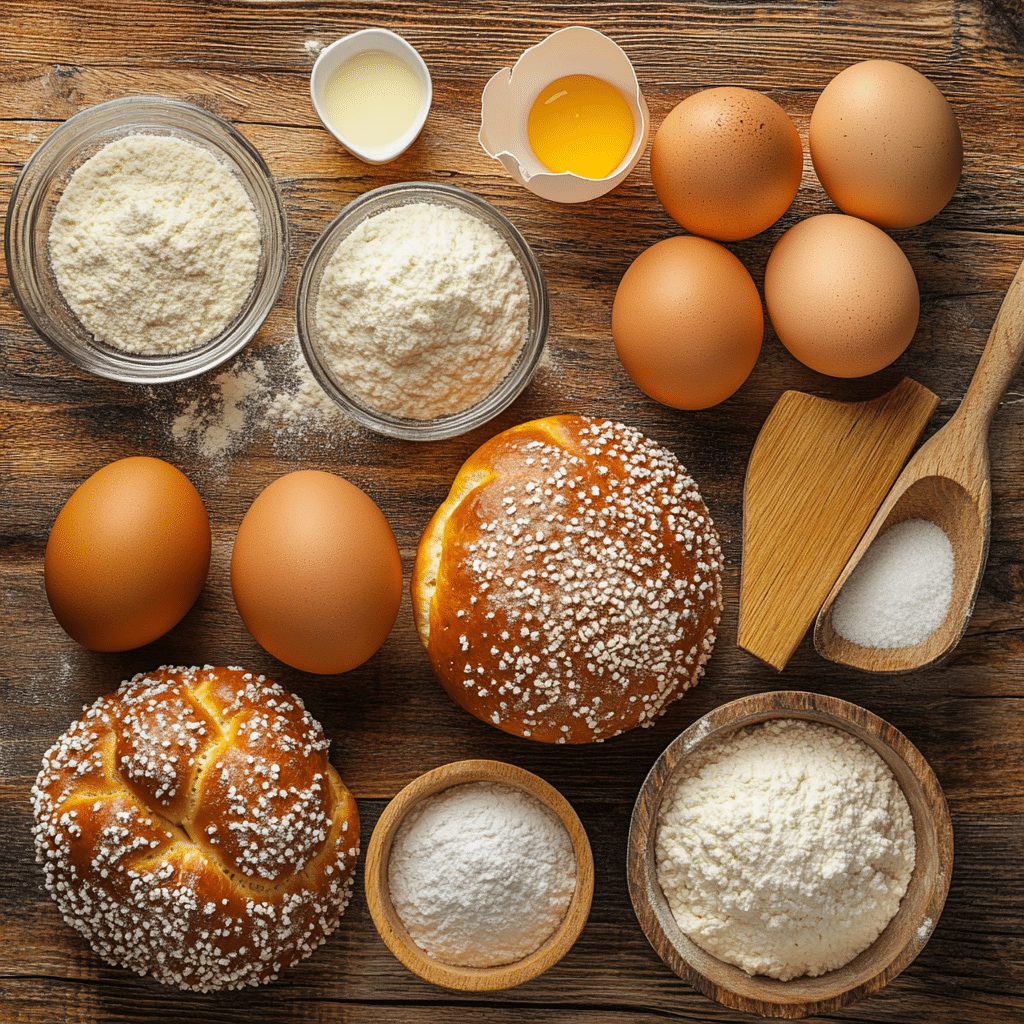 Ingredients for Pretzel Slider Cheeseburgers Flat lay of ingredients for pretzel slider cheeseburgers on a wooden table