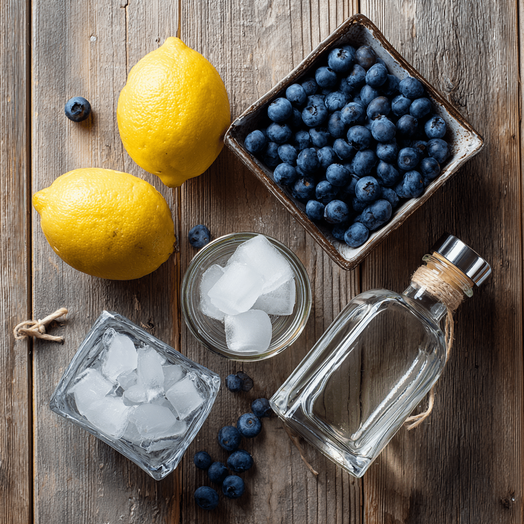 Lemon Blueberry Martini – Ingredients Ingredients for a lemon blueberry martini arranged on a wooden table