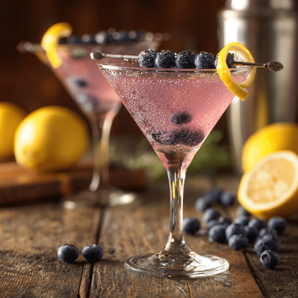 Served lemon blueberry martini with garnish on a rustic table. Lemon Blueberry Martini Recipe