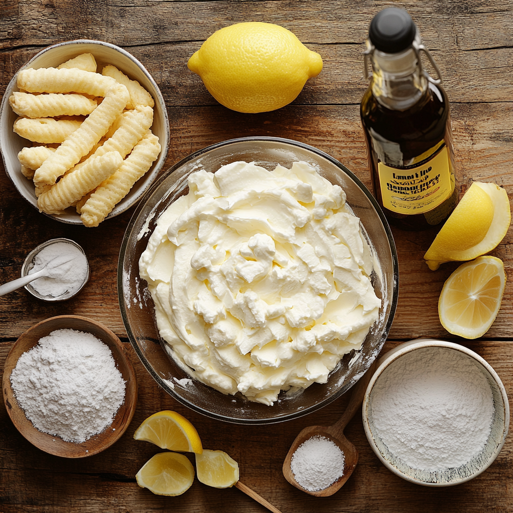 Limoncello-Cake-Ingredients Flat lay of Limoncello Cake ingredients including mascarpone, ladyfingers, lemons, and cream.