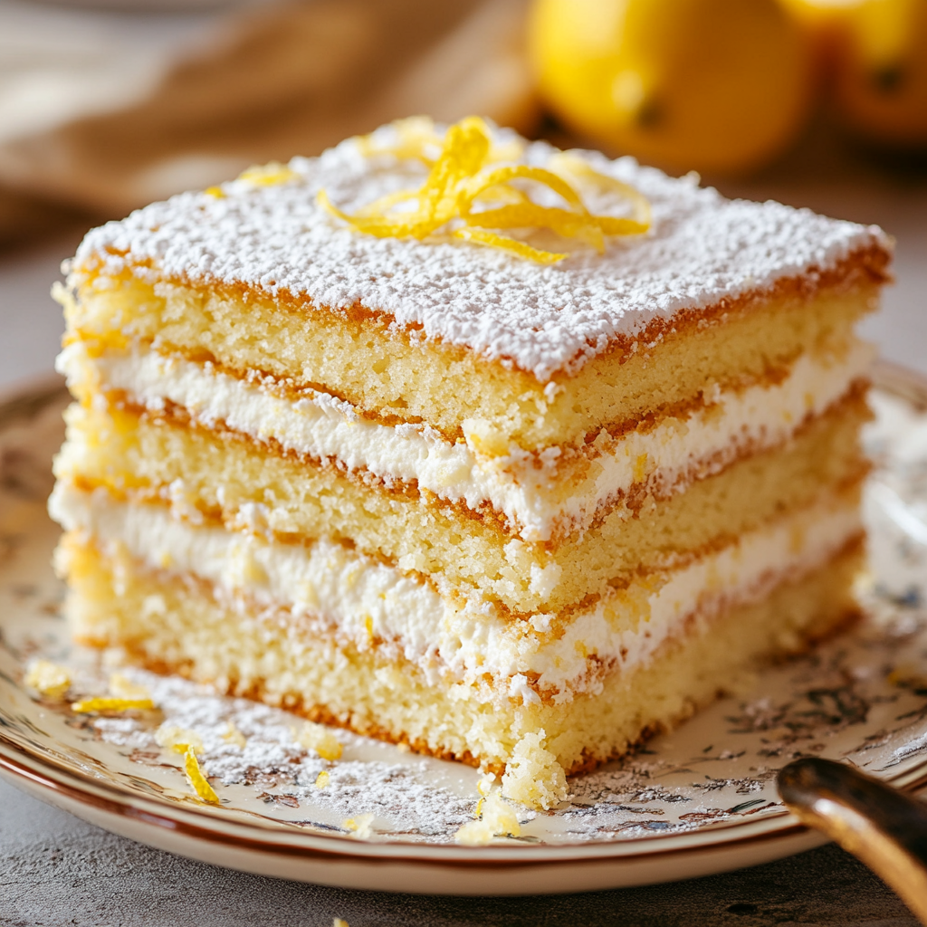 Limoncello-Cake Close-up of a no-bake Limoncello Cake with creamy layers and lemon zest topping.