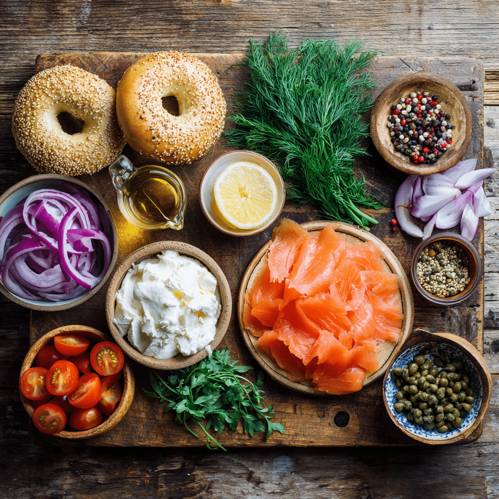 Lox and Bagels Recipe – Ingredients Flat lay of ingredients for lox and bagels recipe