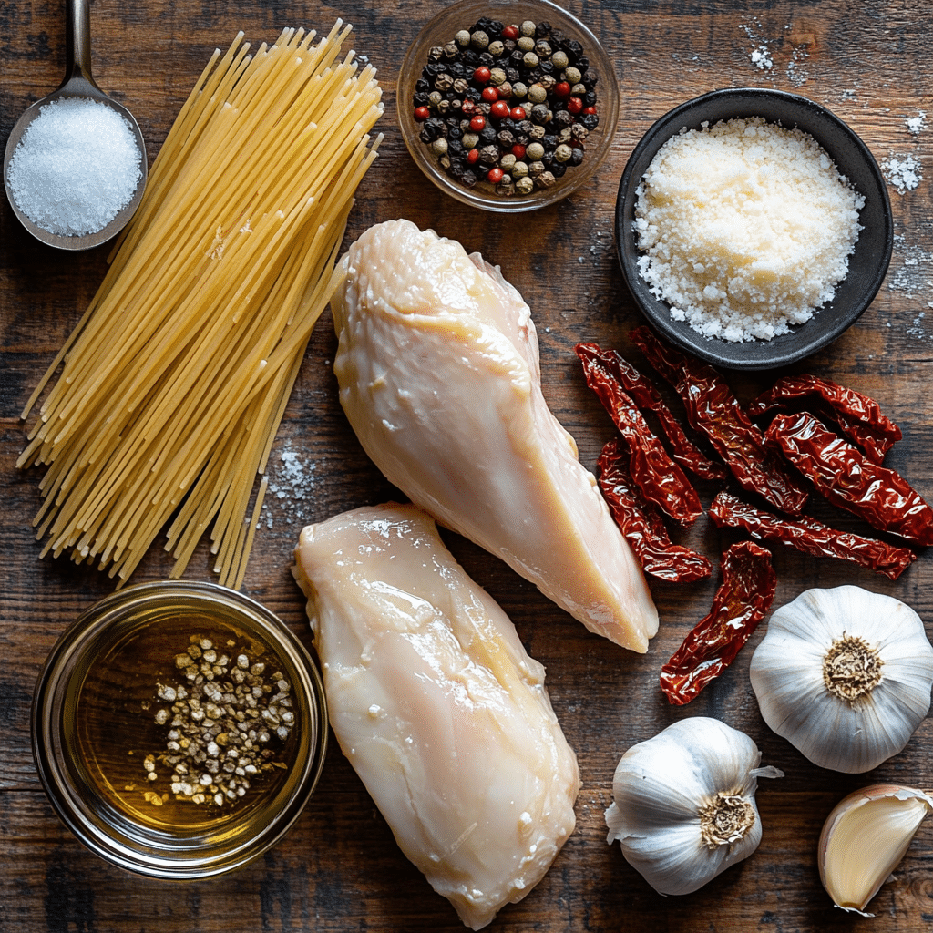 Marry Me Chicken Pasta – Ingredients Flat lay of fresh ingredients for Marry Me Chicken Pasta