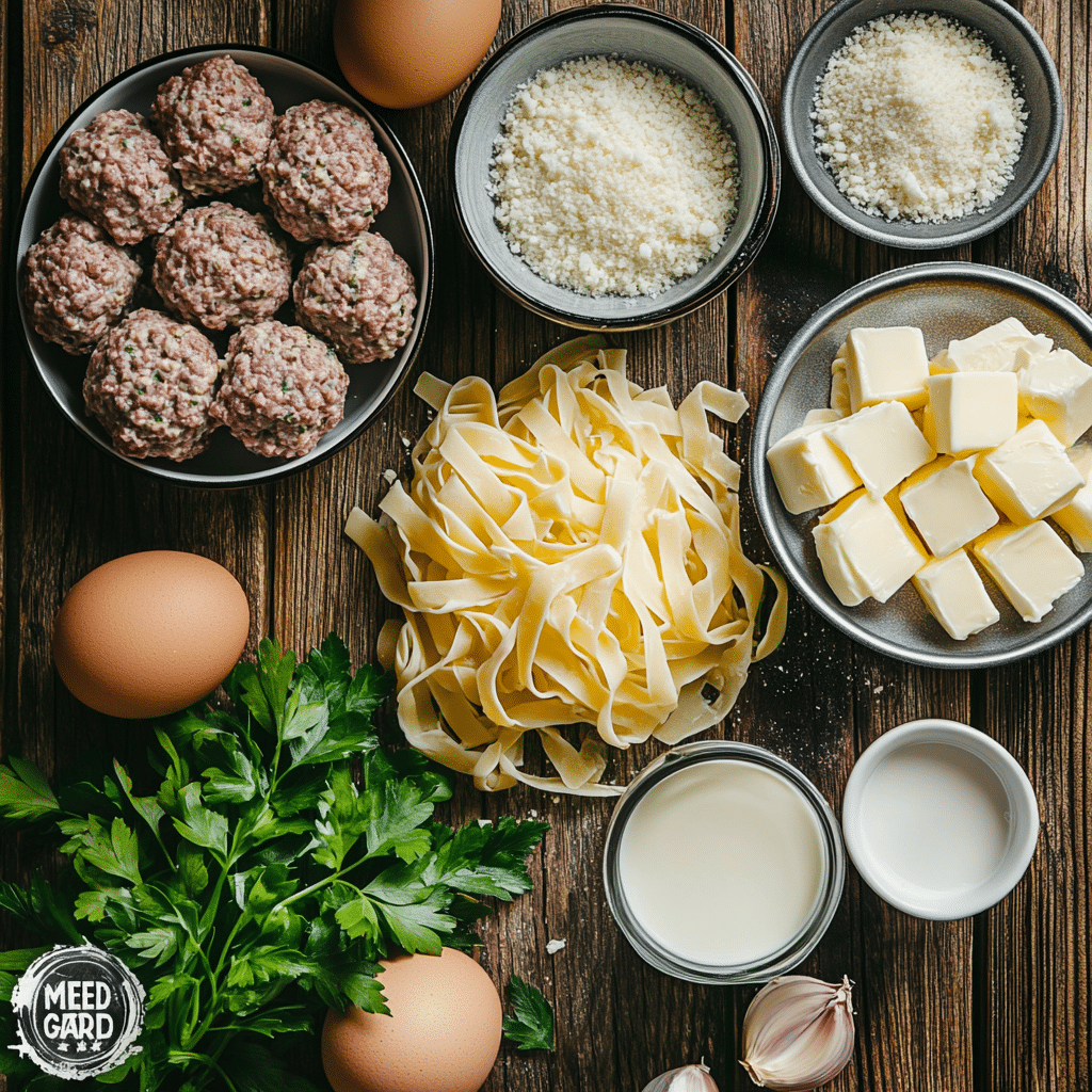 Meatballs and Alfredo ingredients on wooden surface