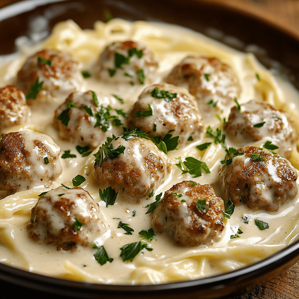 Served Meatballs and Alfredo with parsley garnish