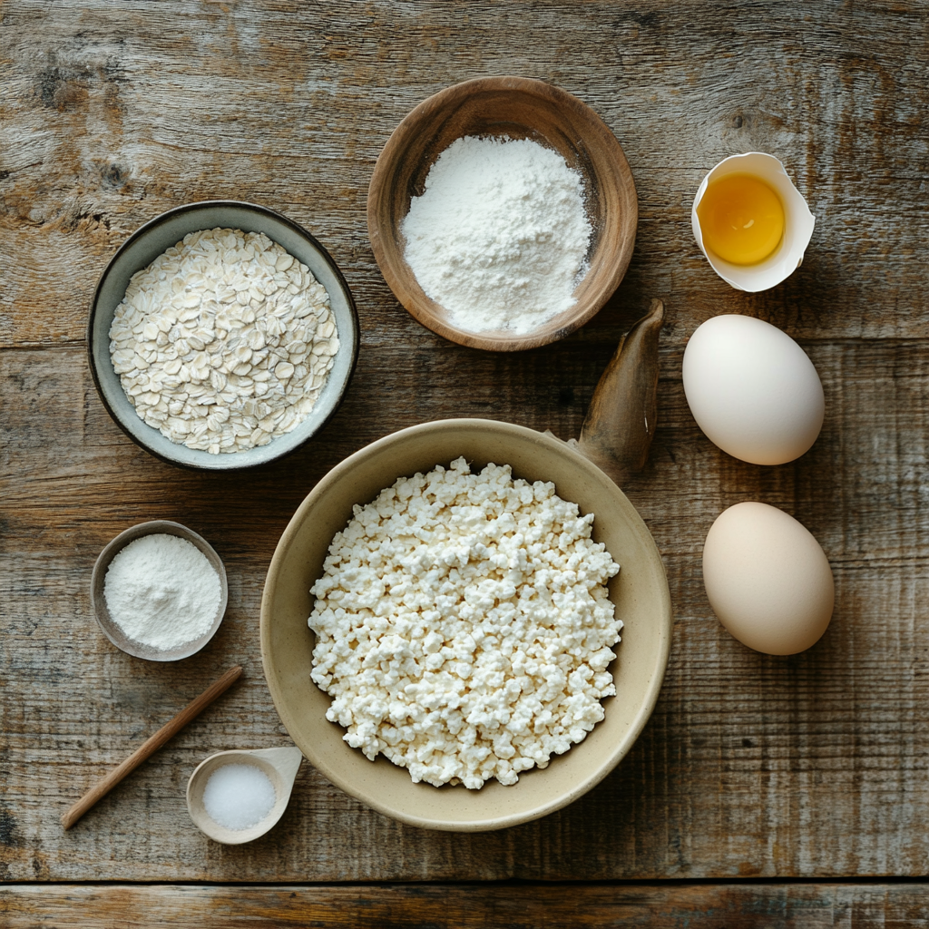 Oat-and-Cottage-Cheese-Pancakes-–-Ingredients Flat lay of wholesome ingredients used in oat and cottage cheese pancakes