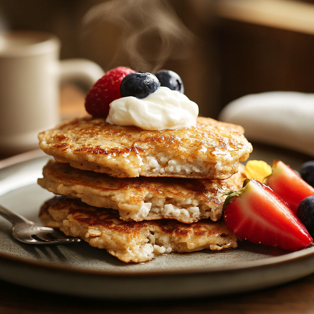 Soft and fluffy oat and cottage cheese pancakes served with yogurt and fruit