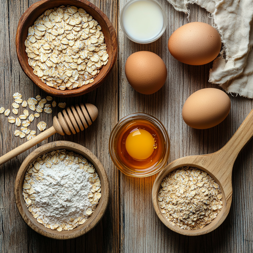 Oatmeal-Cake-Ingredients Flat lay of ingredients for Oatmeal Cake on a rustic table.