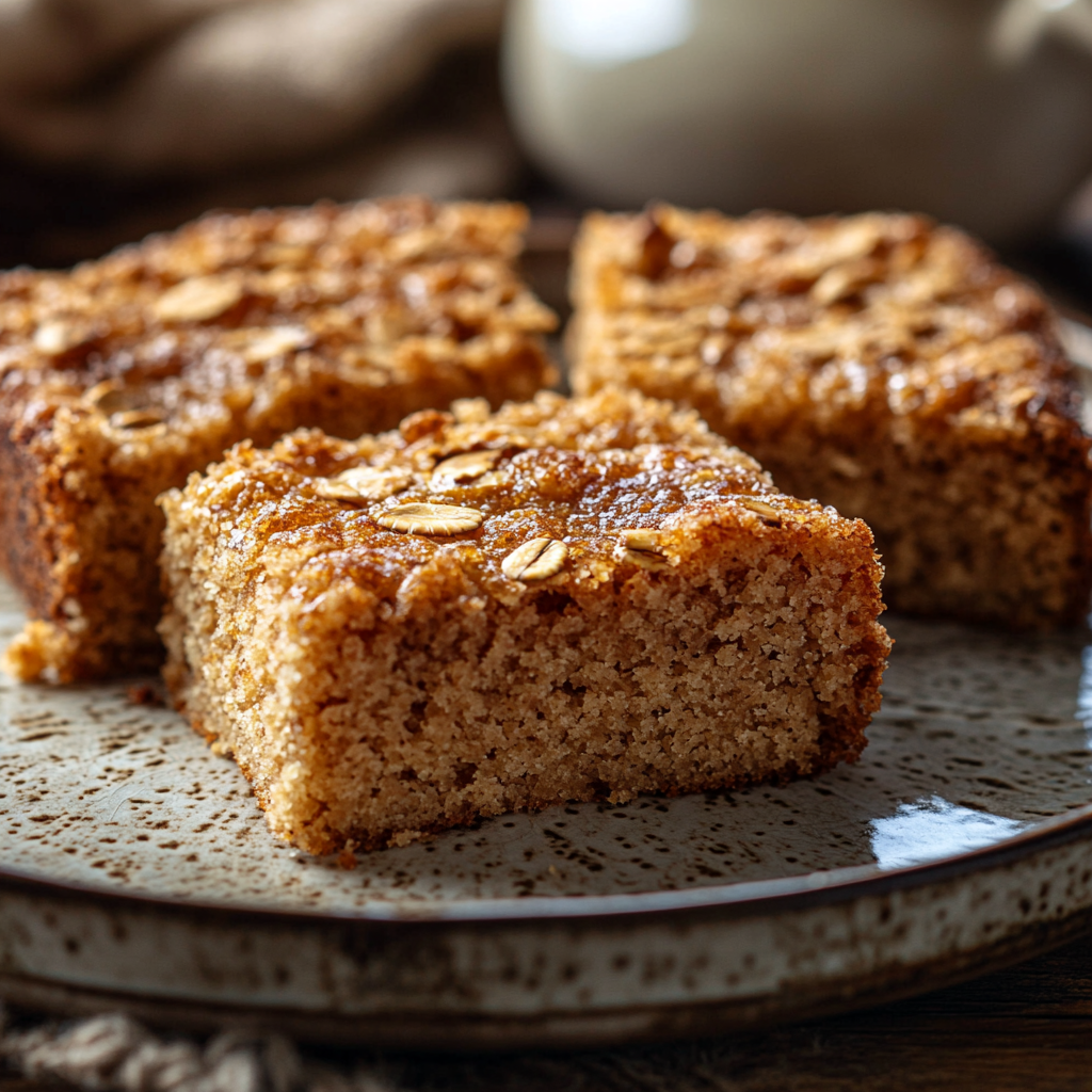 Close-up of a freshly baked Oatmeal Cake with a golden crust on a rustic table