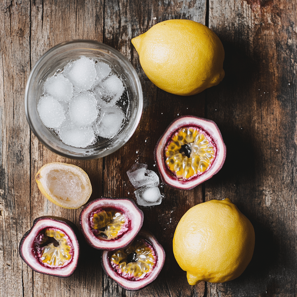 Flat lay of ingredients for making passion fruit juice on a wooden table