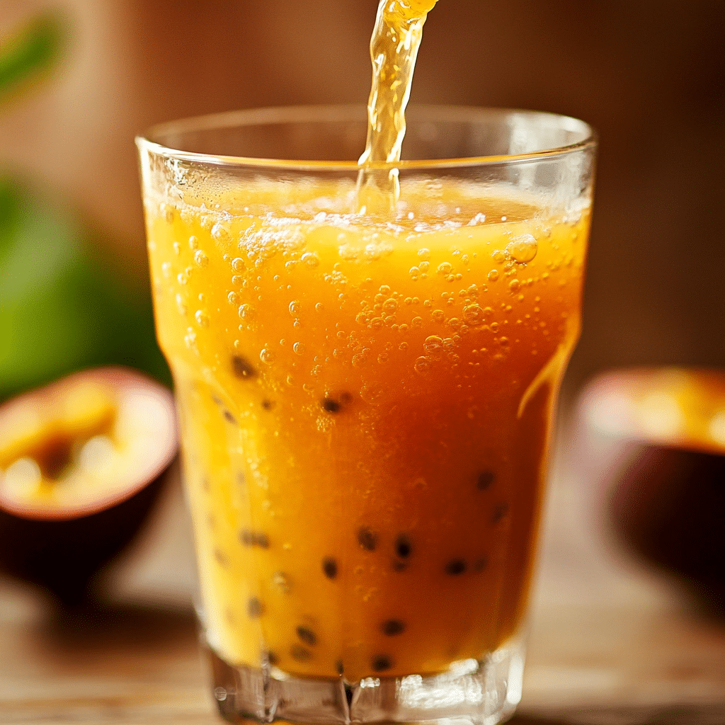 A glass of passion fruit juice served next to fresh fruit halves.