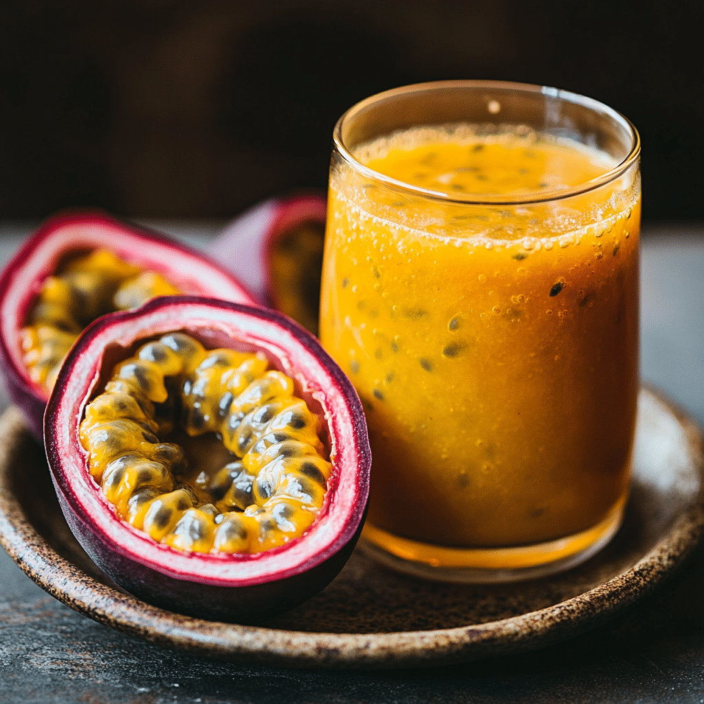 A close-up of freshly made passion fruit juice in a glass on a rustic table.