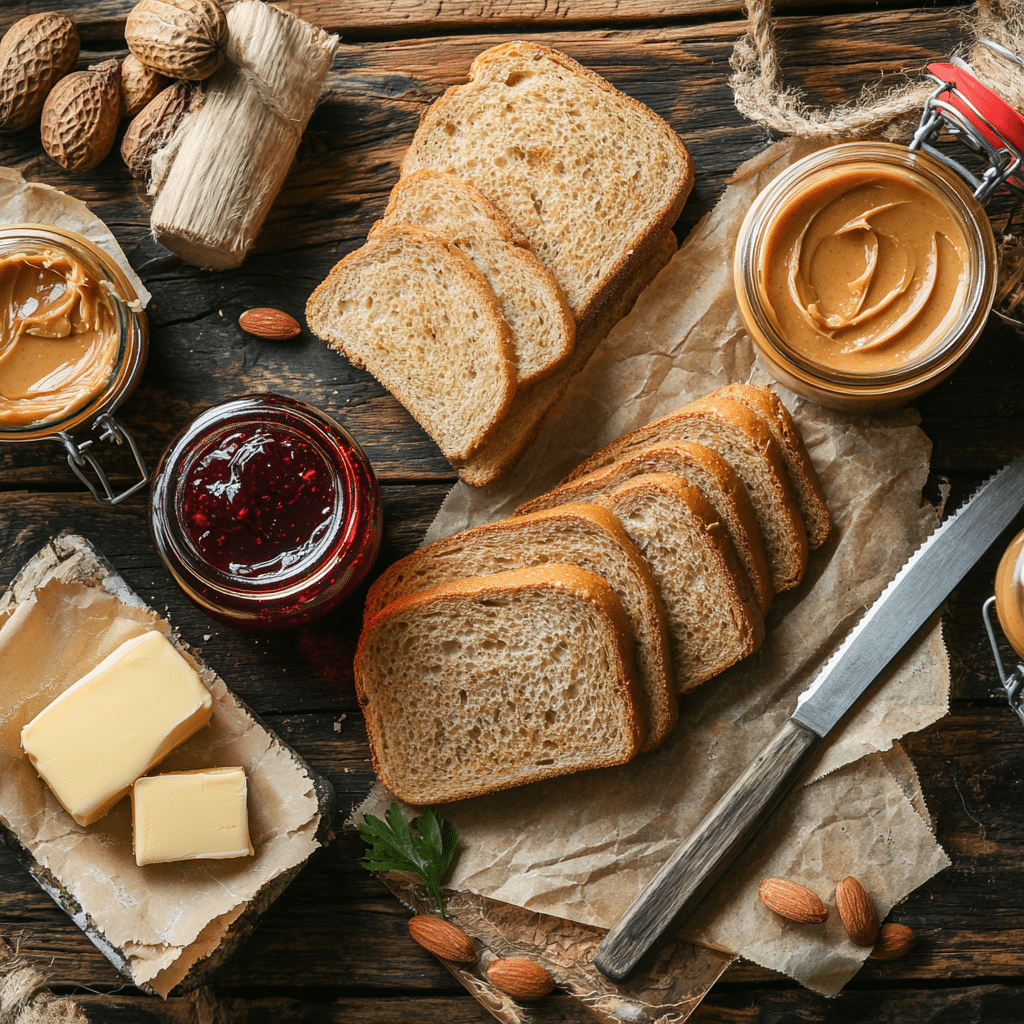 Ingredients for Peanut Butter Jelly Time laid out neatly on a wooden table