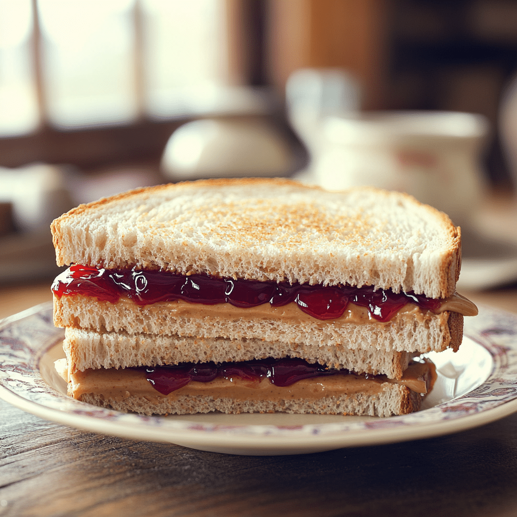 Diagonally cut peanut butter and jelly sandwich on a ceramic plate