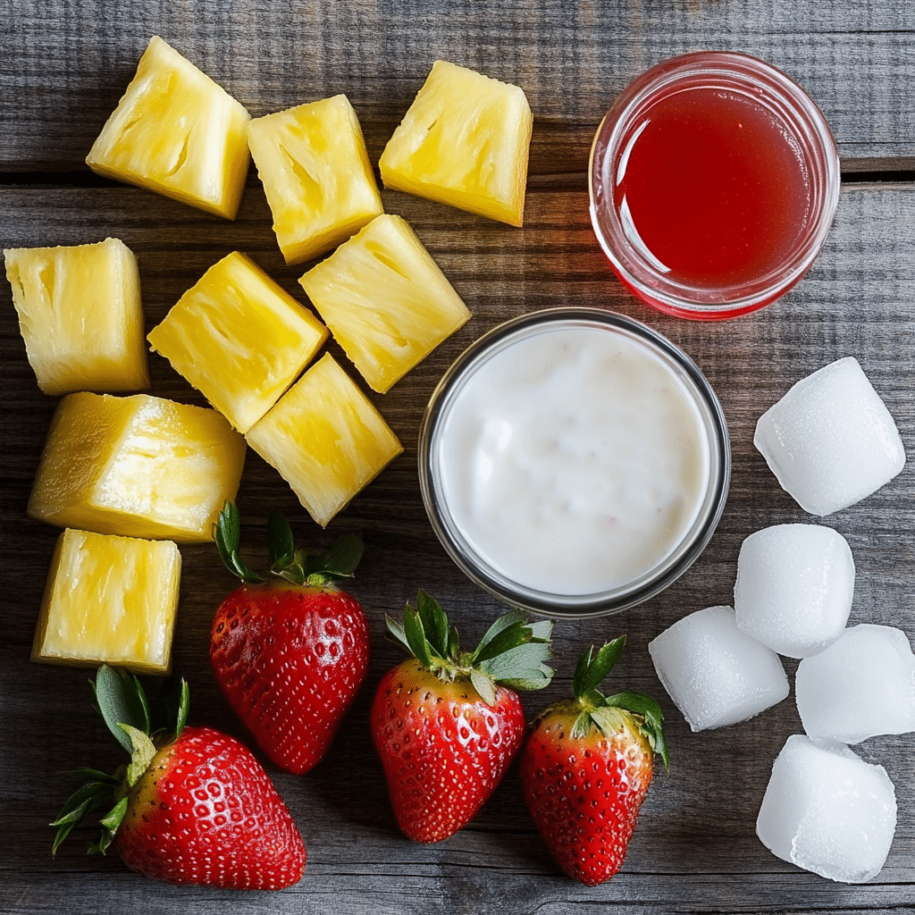Pineapple Juice Strawberry Smoothie – Ingredients Flat lay of fresh smoothie ingredients on a wooden surface.
