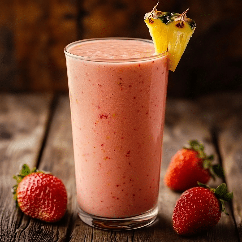 A tall glass of pineapple juice smoothie with strawberries on a wooden table.