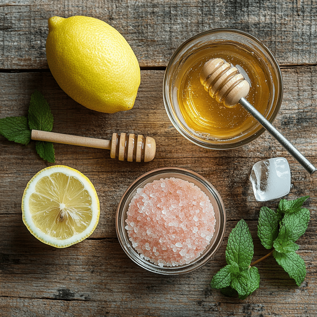 Pink Salt Trick – Ingredients Flat lay of pink salt, lemon, honey, mint, and water