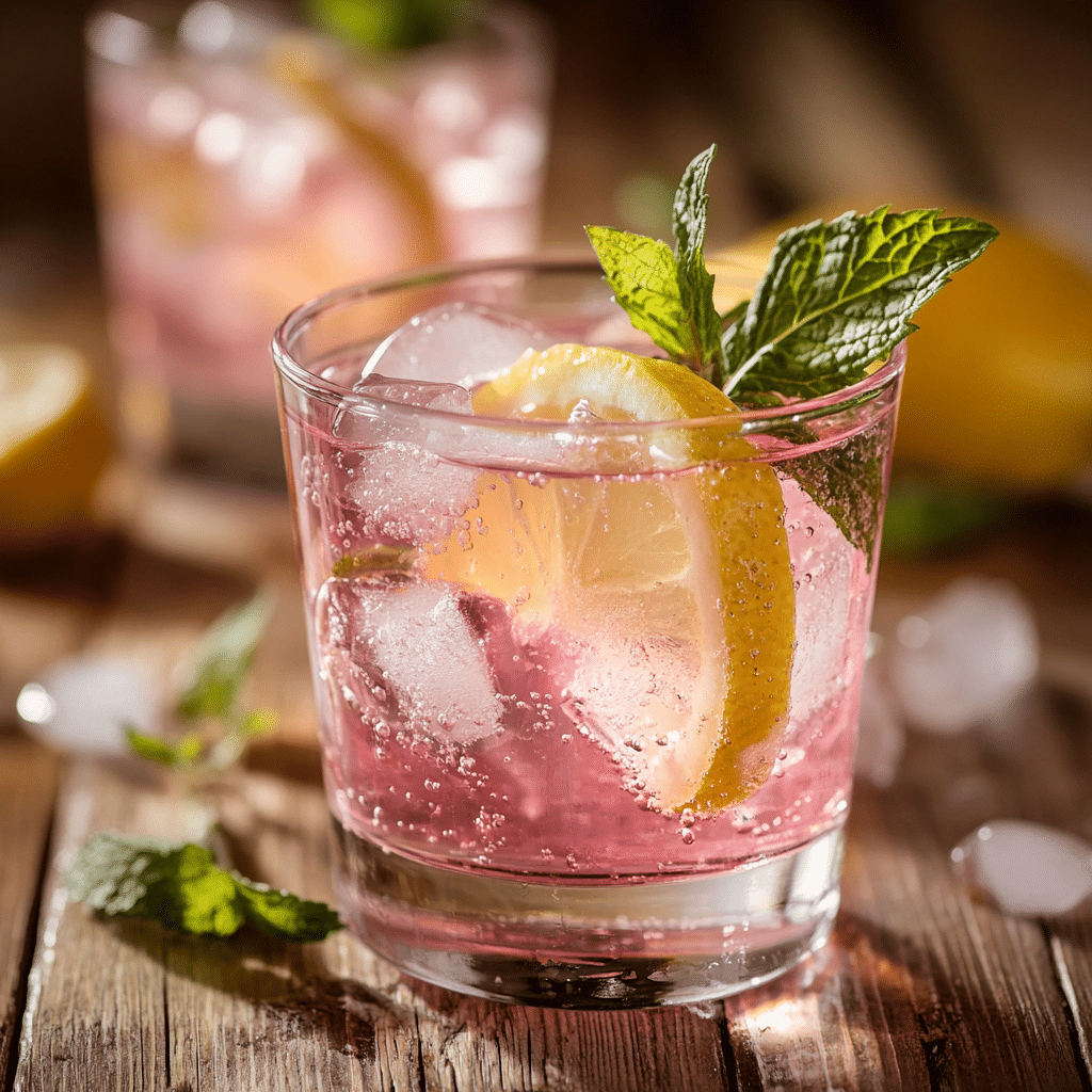 A Pink Salt Trick Recipe drink in a clear glass with mint and lemon, glowing in soft light