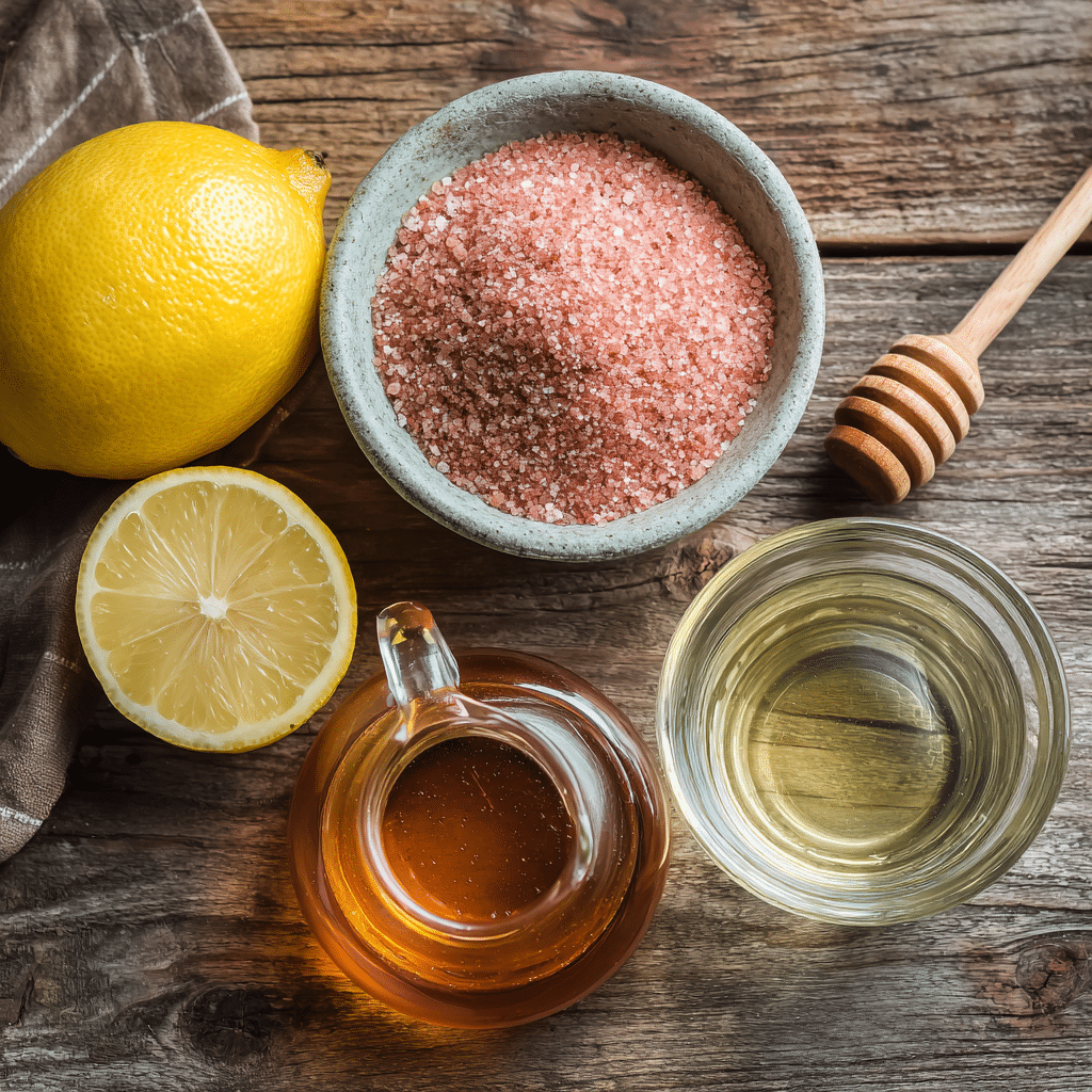 Pink Salt Weight Loss Recipe – Ingredients Flat lay of pink salt weight loss drink ingredients on wooden table