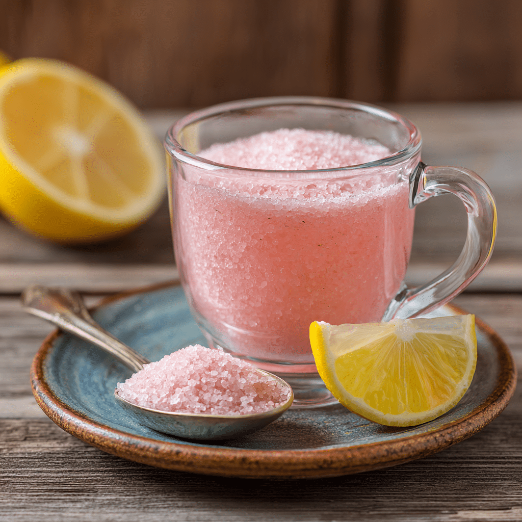 Served pink salt drink on wooden table with morning light. Pink Salt Weight Loss Recipe