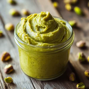 Creamy homemade pistachio butter in a glass jar on a rustic wooden table
