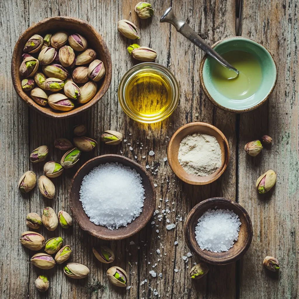 Ingredients for pistachio butter laid out on a wooden table