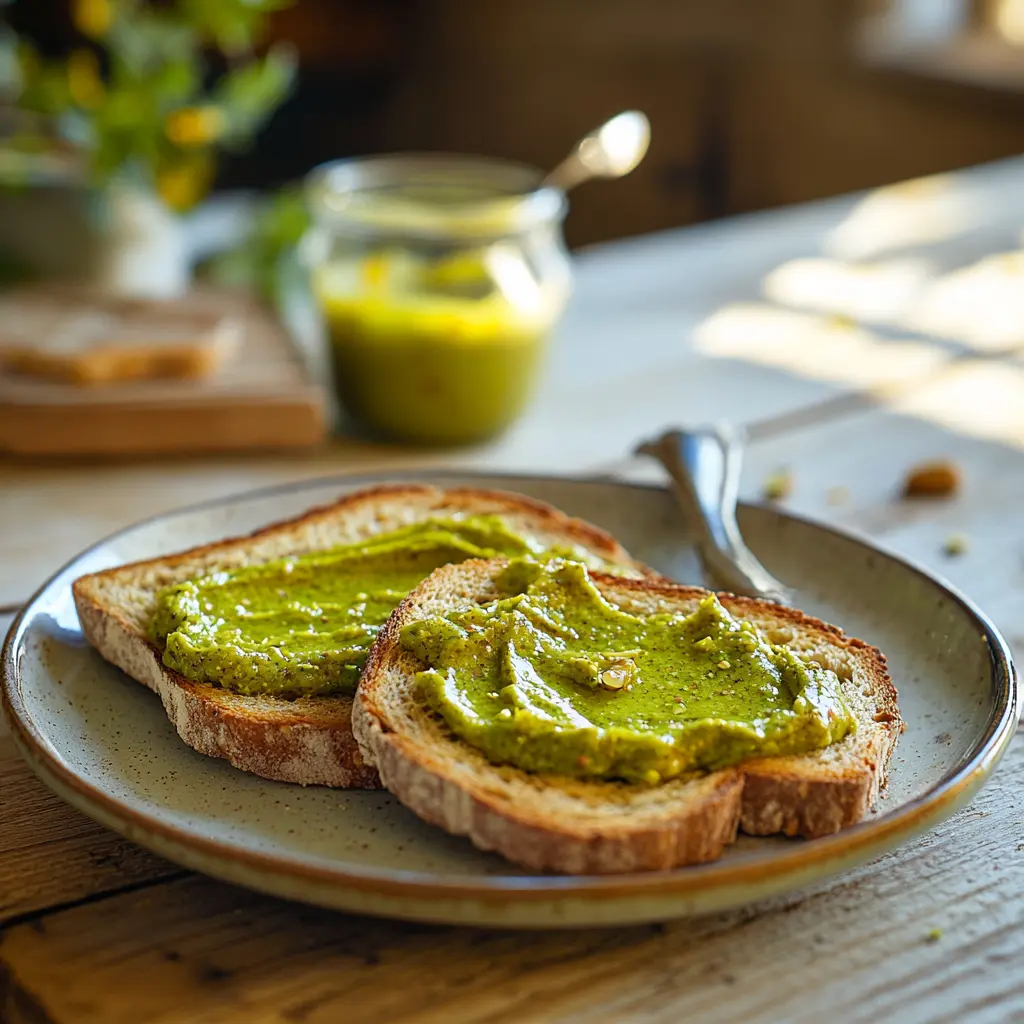 Sourdough toast with pistachio butter served on a ceramic plate