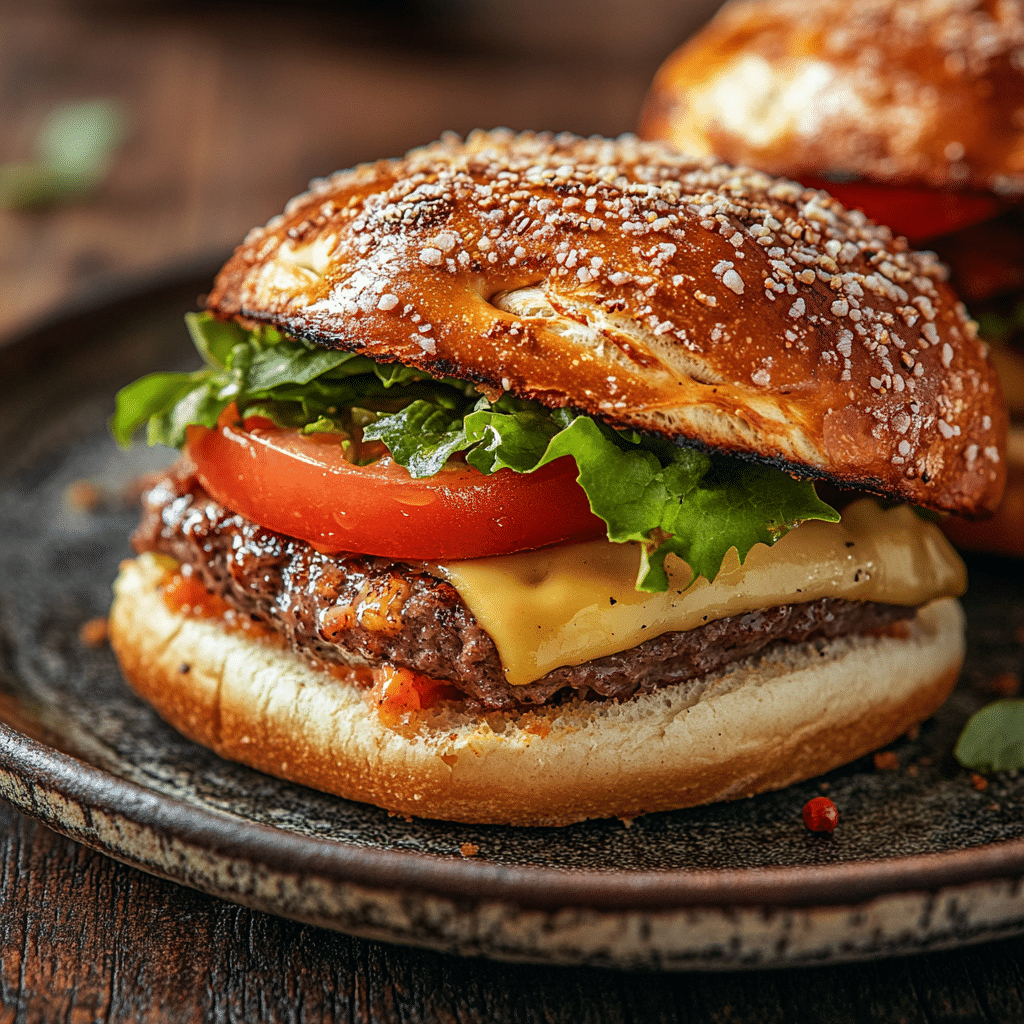 Close-up of golden pretzel slider cheeseburgers on a rustic table