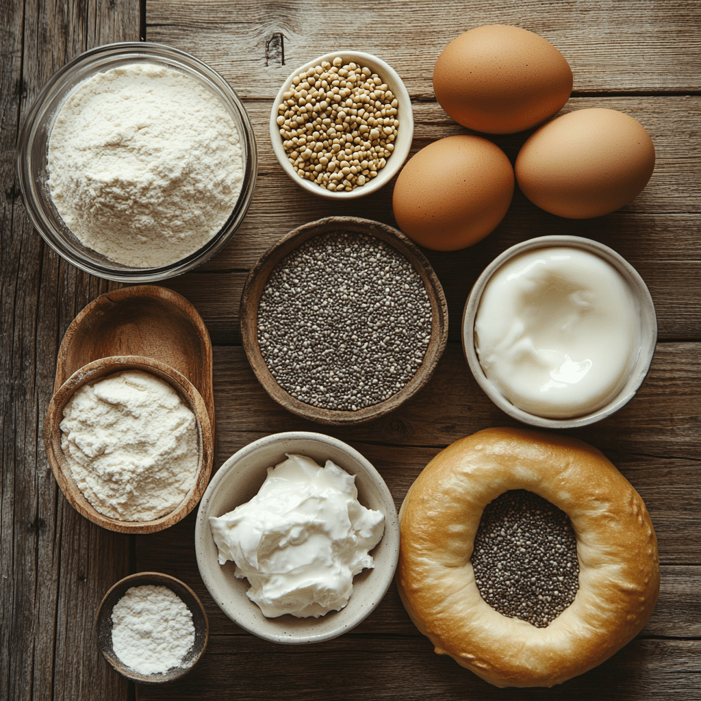 Ingredients laid out for protein bagel recipe on wooden surface