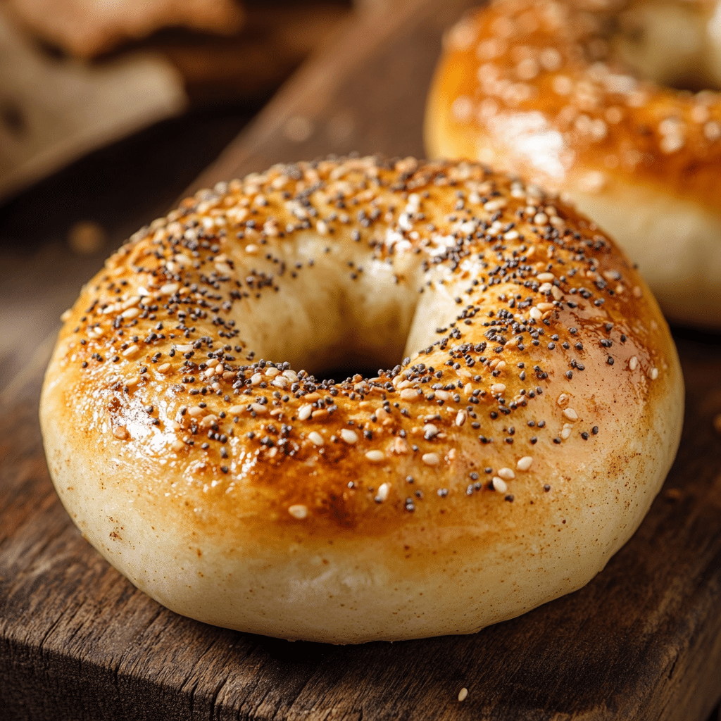 Freshly baked golden protein bagel on a rustic table