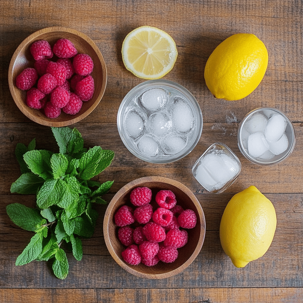 Ingredients for Raspberry Lemonade Spritzer arranged on a wooden table