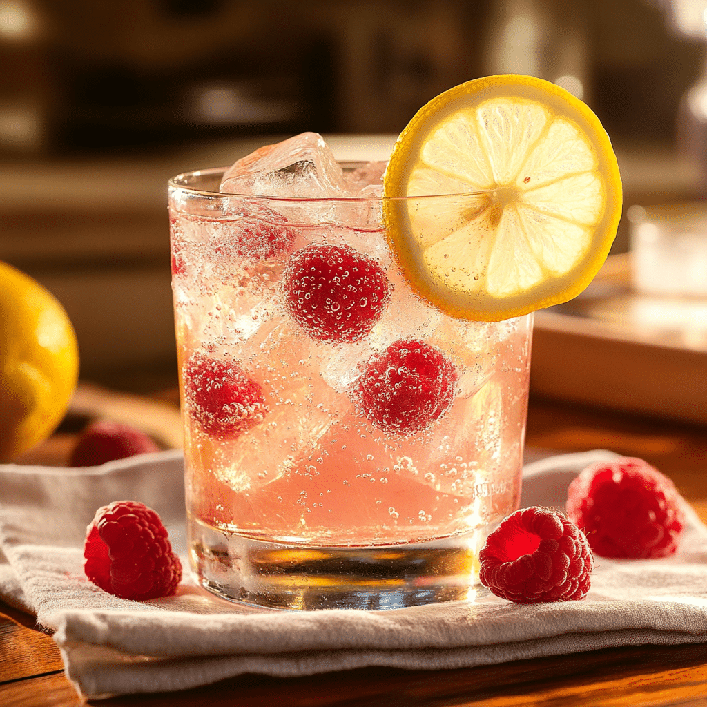 Served Raspberry Lemonade Spritzer with ice, lemon, and raspberries