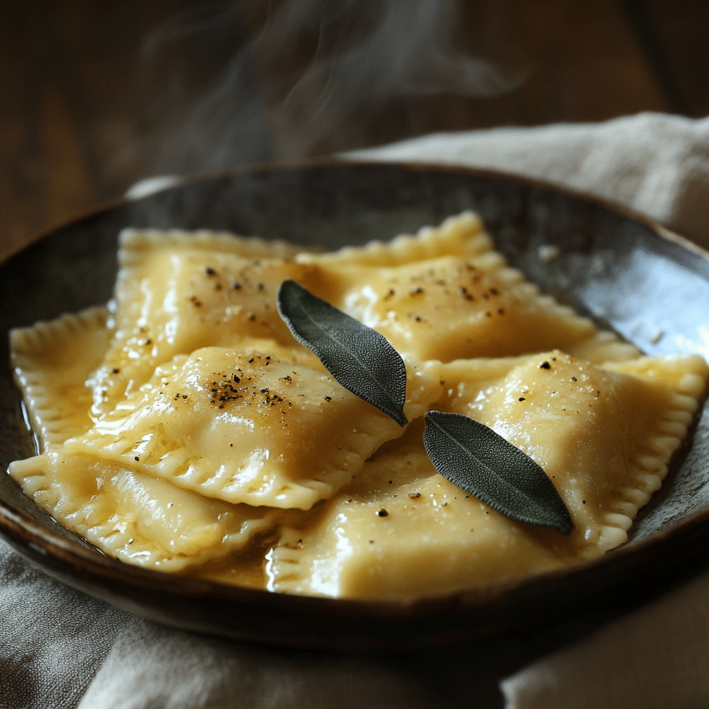 Ravioli in ravioli served with browned butter and sage