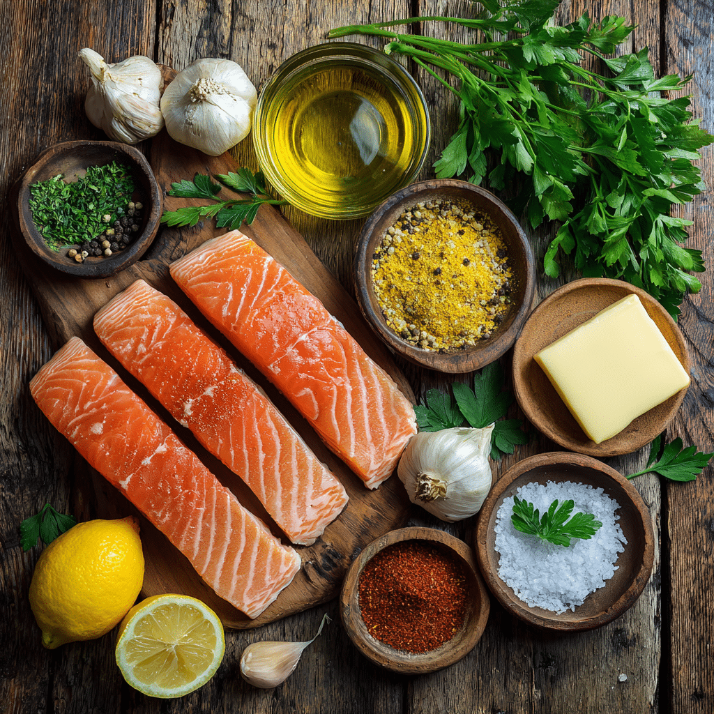 Red Lobster Grilled Salmon – Ingredients Flat lay of ingredients for Red Lobster grilled salmon