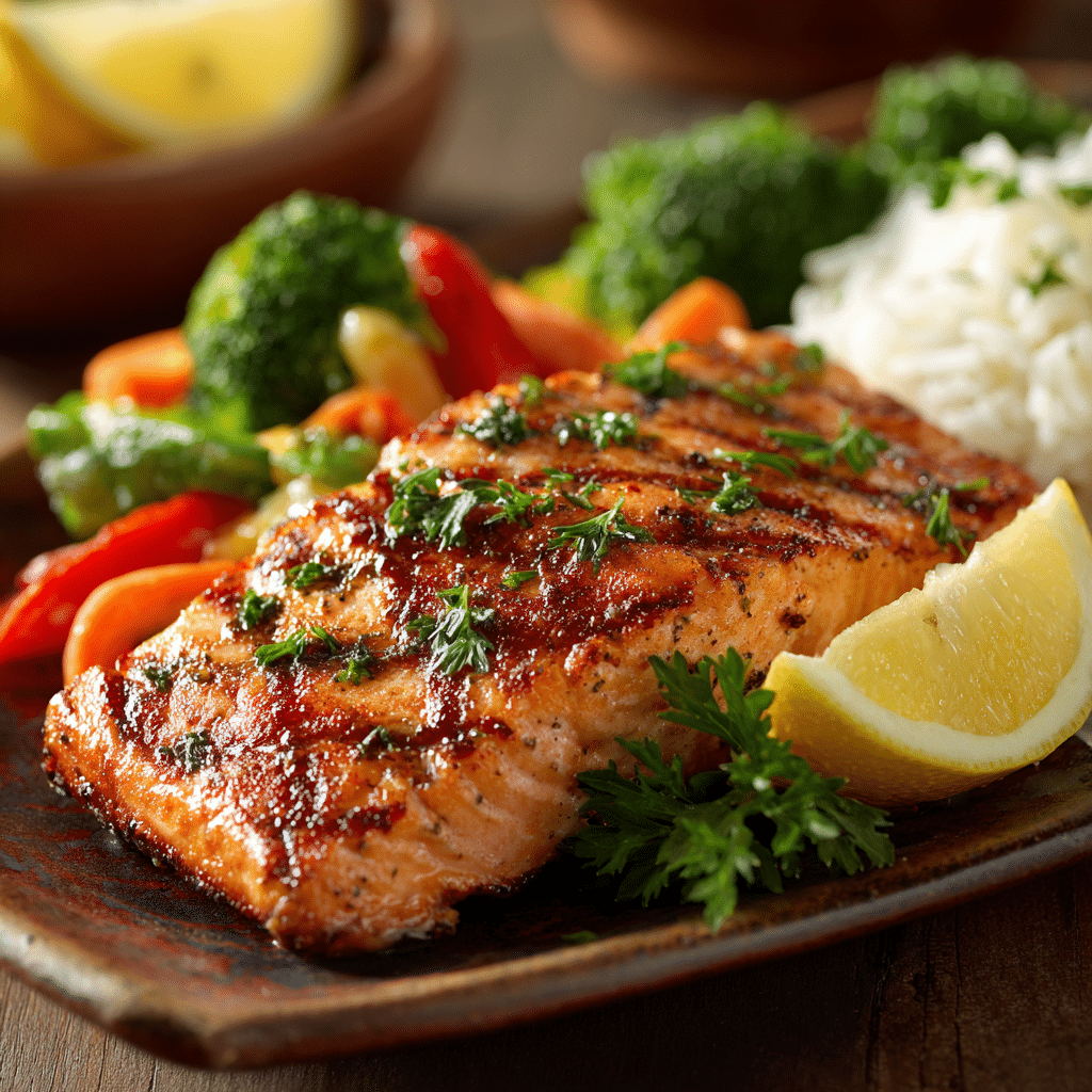 Red Lobster Grilled Salmon – Serving Served grilled salmon with lemon and parsley on a cozy table