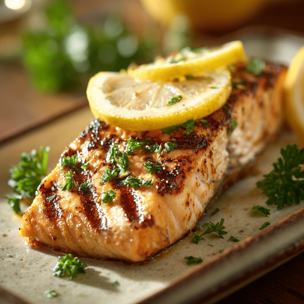 Close-up of grilled salmon with lemon and butter on rustic plate. how to make Red Lobster grilled salmon