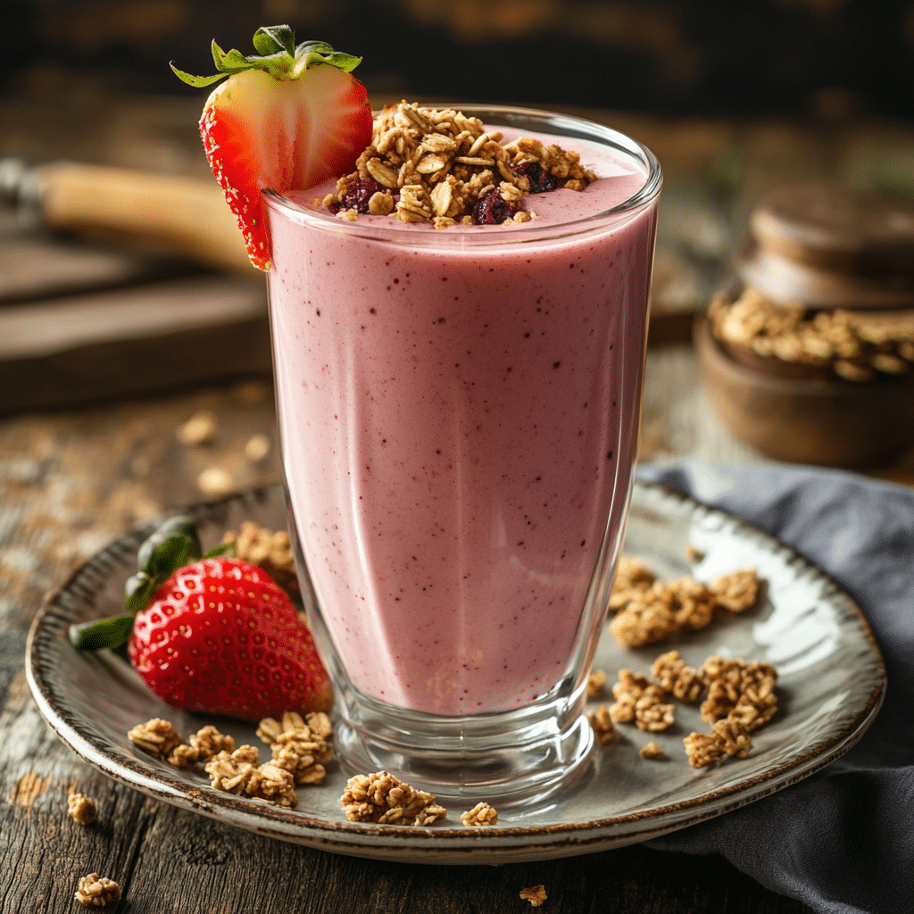 Served Banana Berry Smoothie A served glass of Banana Berry Protein Smoothie with toppings.