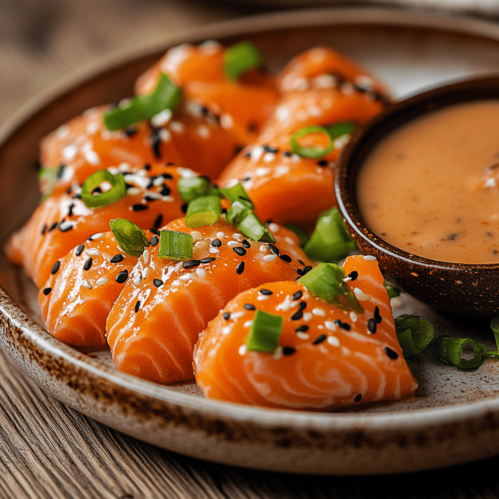 Bang bang salmon bites served with dipping sauce and garnish