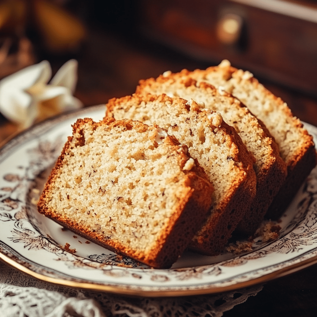 Served Cottage Cheese Banana Bread Sliced cottage cheese banana bread served on ceramic plate