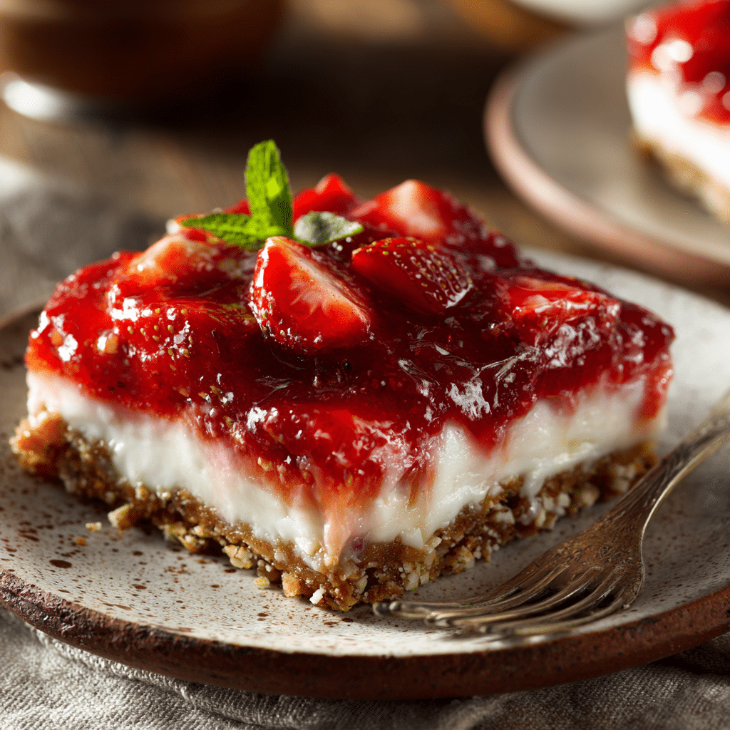 Served Strawberry Pretzel Salad Close-up of strawberry pretzel salad on a rustic table