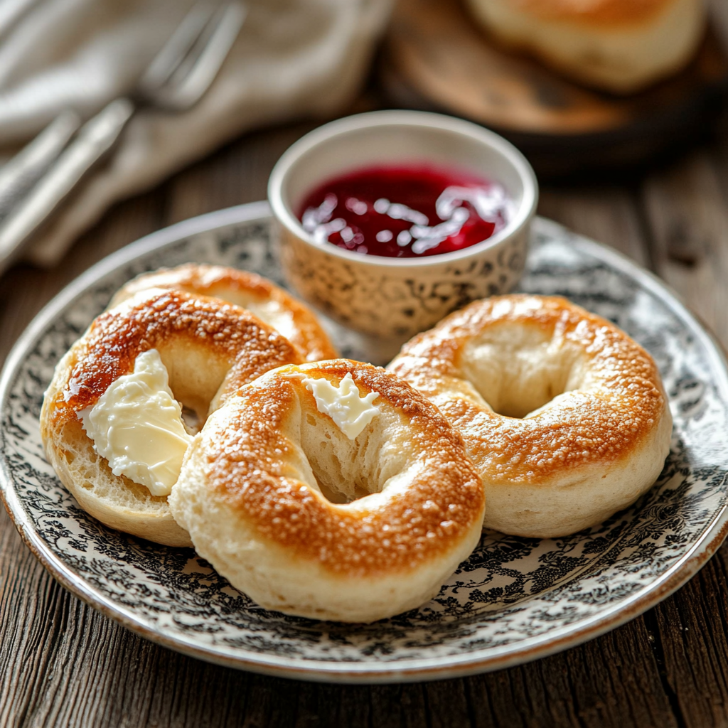 Cottage cheese bagels sliced and served with butter and jam
